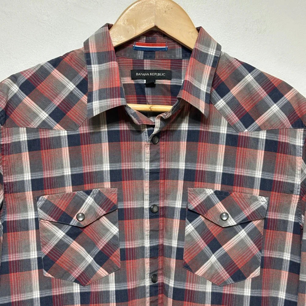 Banana Republic Pearl Snap Western Shirt Mens Large Plaid‎ Long Sleeve Cowboy
